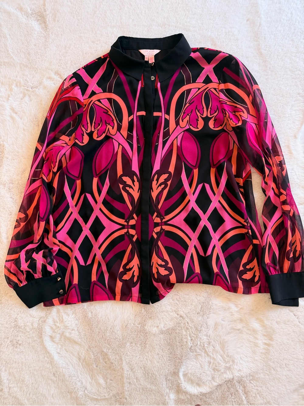 Ted Baker London “Sew in Love” Statement Blouse Size 4 Black Pink Floral Print
